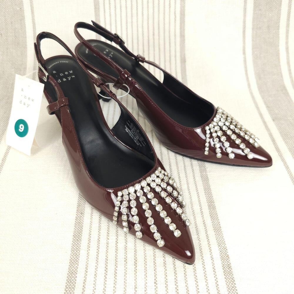 A New Day Kitten Heels Womens 9 Red Patent Slingback Rhinestone Pointed Toe